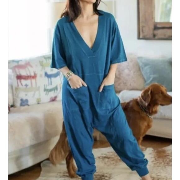 Natural Life Charlie Jumpsuit V-neck Oversized Boho Blue Cotton Size Medium - Picture 1 of 6